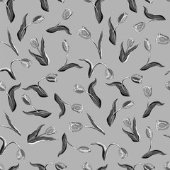 Vector monochrome floral seamless pattern whit tulip. Flowers on a gray background