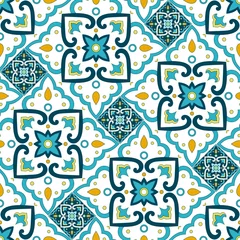 Stof per meter Portugese tegelpatroon naadloze vector met florale ornamentmotieven. Portugal azulejos, Mexicaanse talavera, Italiaanse Sicilië majolica, Spaanse keramiek. Mozaïektextuur voor keukenmuur of badkamervloer. © irinelle