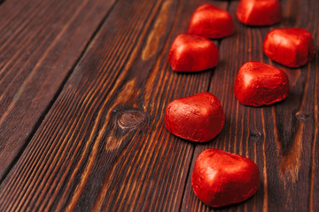 Candy Hearts on wood , valentines day.