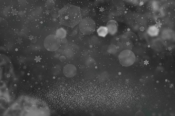 pretty shiny glitter lights defocused bokeh abstract background and falling snow flakes fly, festival mockup texture with blank space for your content