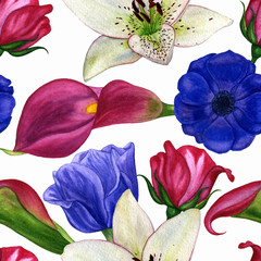 Seamless pattern with spring flowers magnolias, calla lilies, anemones and roses. Floral pattern for fabric or wallpaper. Watercolour. Watercolour illustration hand painted.