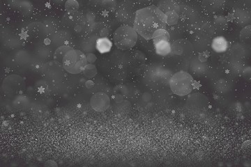nice glossy glitter lights defocused bokeh abstract background and falling snow flakes fly, festival mockup texture with blank space for your content