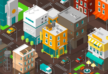 Town district street. Isometric road Intersection. High detail city projection view. Cars end buildings top view. Shop, office and cafe.
