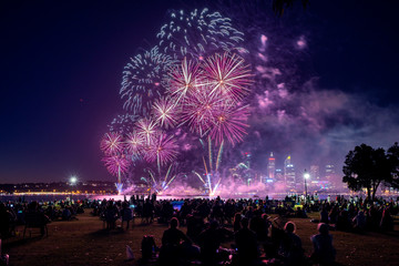 Australia Day (January 26) fireworks over Perth City and the Swan River.