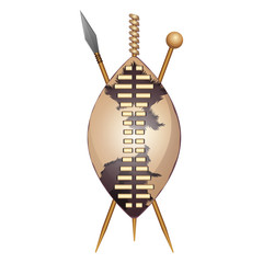 Zulu shield, ethnic african weapon, club and spear