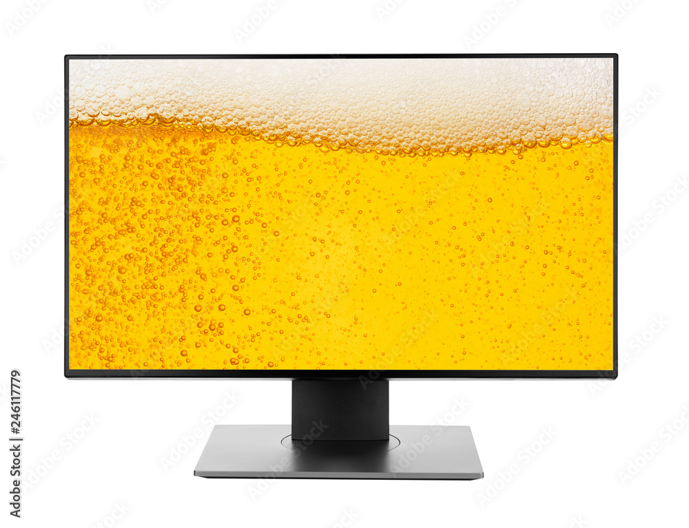 Wall mural television or pc monitor computer destop with beer background isolated on white photo object design