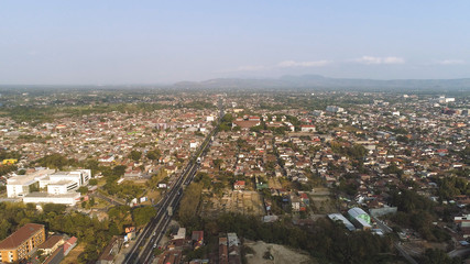 aerial view yogyakarta city cultural capital indonesia located on java island. Yogyakarta with buildings, highway at sunset time. aerial view