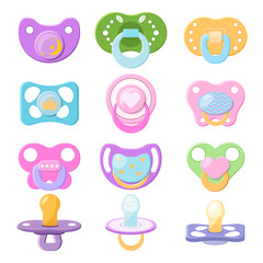 Pacifier vector baby soother child nipple and kids rubber nipple illustration set of comforter to pacify newborn children isolated on white background