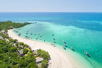 Peel and stick wall murals Zanzibar curved coast and beautiful beach with boats on Zanzibar island