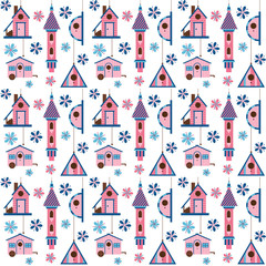 Spring bird house seamless background. Hanging nesting boxes pattern with garden birdhouses for feeding birds.