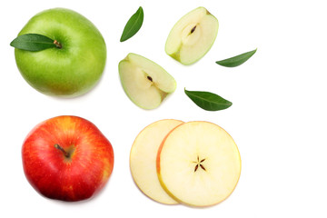 green and red apples with slices isolated on white background. top view