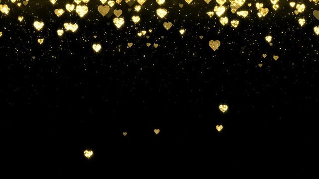 Gold shining hearts sparkle on the black background with glow animated text. Valentines Day holiday abstract loop animation.