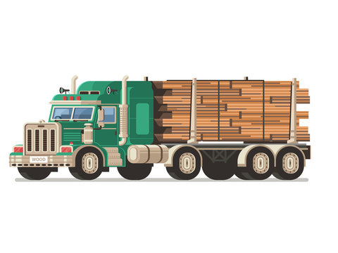 Logging truck or timber lorry carrying wooden logs and lumber on dolly trailer. Wood harvesting industry transport.