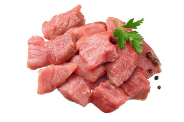 pieces of raw beef meat isolated on white background. top view