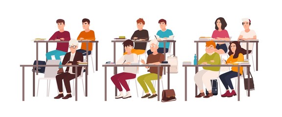 Fototapeta na wymiar Group of pupils sitting at desks in classroom, demonstrating good behavior and attentively listening to lesson or lecture. Obedient teenage children or students. Flat cartoon vector illustration.