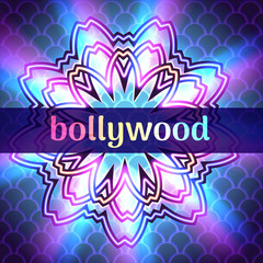 Vector illustration of template advertisement Bollywood banner on mandala round ornament background, cinema sign board