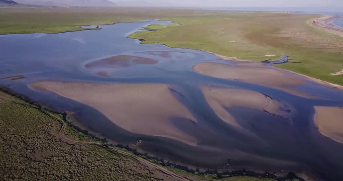 Aerial Footage of River Delt During Sunny Summer In Snaefellsness Peninsula, Iceland