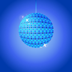 Blue disco ball with  glowing dots and lights on gradient blue background. Vector illustration.