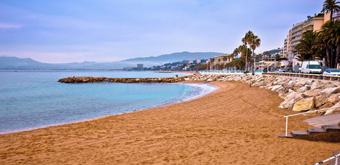 Cannes sand beach and palm waterfront panoramic view - obrazy, fototapety, plakaty