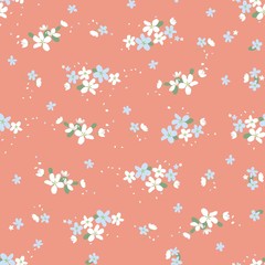 Fototapeta na wymiar Seamless floral pattern with small cute flowers on a pink background. Spring light airy texture for Wallpaper, interior, tiles, textiles, scrapbooking, packaging and various types of design. vector.