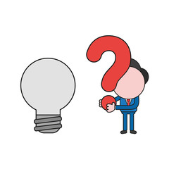 Vector businessman character with grey light bulb and holding question mark. Color and black outlines.