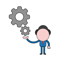 Vector businessman character holding gears. Color and black outlines.