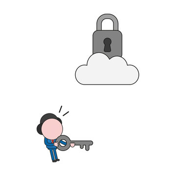 recommend clip art: Vector businessman character holding key and looking padlock on cloud. Color and black outlines.