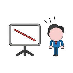 Vector businessman character looking sales chart arrow moving down. Color and black outlines.