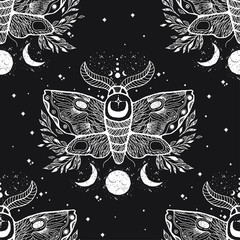 Materiał do szycia Vector seamless pattern with moth butterfly.Hand-draw illustration. Design tattoo art. With mystic and occult hand drawn symbols.