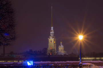 Fototapeta premium Photo of the Peter and Paul Fortress and the Cathedral in the winter, in St. Petersburg.