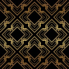 Luxury Geometric Pattern with art deco ornament. Seamless Vector Lines. Golden color on black background