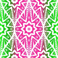 Pink, green color vector illustration. Easy festive ornament from flower in the style of geometric transformations. For fashion print, interior design, backgrounds, greeting cards, design. Seamless