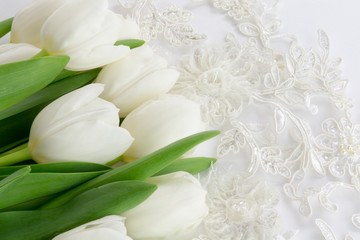 Wedding lace and white tulips on a white background