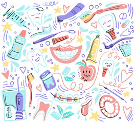 Stomatology. Dental care. Hand drawn elements. Doodle