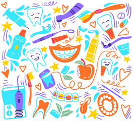 Stomatology. Dental care. Hand drawn elements. Doodle