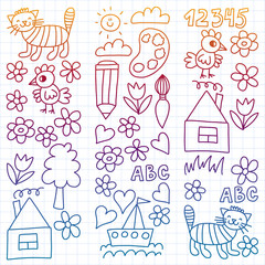 Kindergarten pattern, drawn kids garden elements pattern, doodle drawing, vector illustration, colorful, white, gradient, care