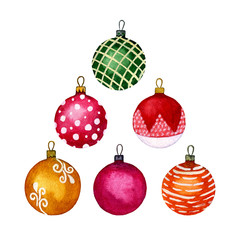 Set of Christmas decorative elements, multicoloured balls. Separate elements on a white background. Watercolour hand illustration. Perfect for decorating greeting cards, invitations, posters, fabrics.