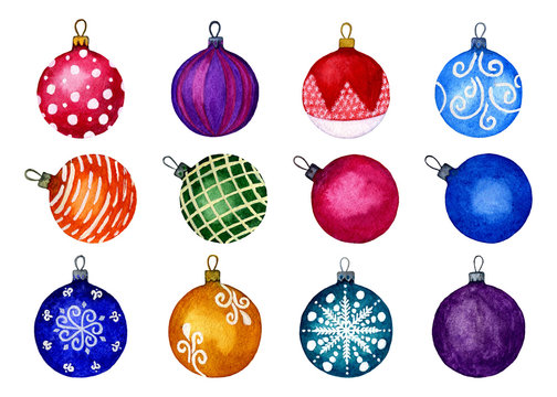 Big set of Christmas decorative balls. Separate 12 elements on a white background. Watercolour hand illustration. Perfect for decorating greeting cards, invitations, posters, fabrics.