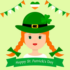 St.Patrick s Day. Girl dressed as a leprechaun, with a green hat with a clover and red pigtails in cartoon style, flat style, vector