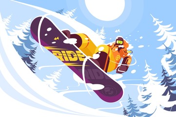 Jumping snowboarder in trendy suit