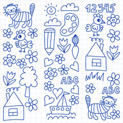 Kindergarten pattern, drawn kids garden elements pattern, doodle drawing, vector illustration, monochrome, black, blue