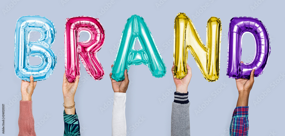 Sticker hands showing brand balloons word