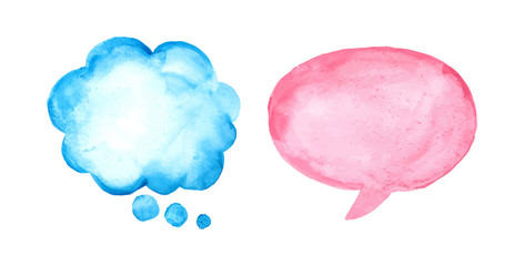 Set of watercolor speech bubbles. Colorful, water color, empty pink and blue bubbles vector illustration.