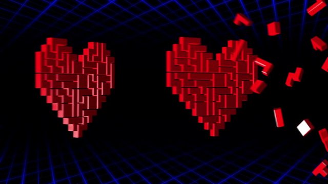 8 bits pixel heart animation. Retro arcade video game Valentine&acute;s Day background.
