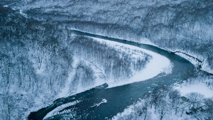 Aerial Winter Forest River In Twilight