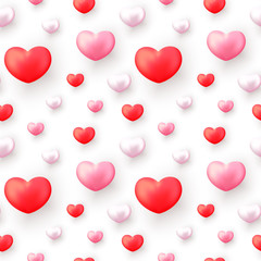 Valentines Day seamless pattern with realistic red and pink hearts isolated on white. Valentines Day background for festive decor, wrapping paper, print, textile, fabric, wallpaper.