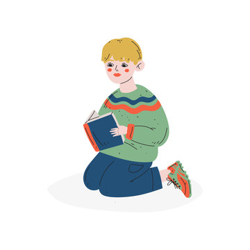 Teen Boy Sitting on Floor on His Knees and Reading Book, Education, Child Development Vector Illustration