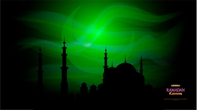 Ramadan Kareem. Concept banner of islamic theme. Traditional month and mosque on a green background. Vector illustration - Vector.