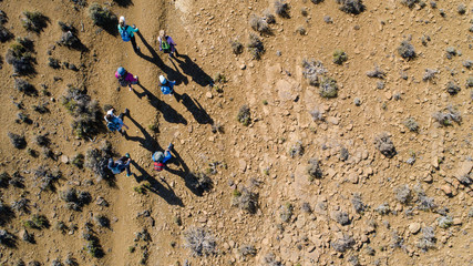 Aerial image of a group of hikers doing a hiking train in the karoo region of south africa
