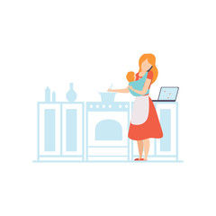 Young Mom with Baby in Sling Cooking in the Kitchen and While Working with Laptop, Freelancer, Parent Working with Child, Mommy Businesswoman Vector Illustration